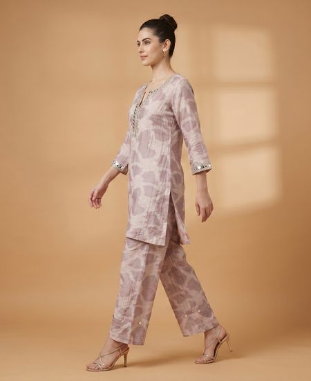 Blush Abstract Print Embellished Co-Ord Set